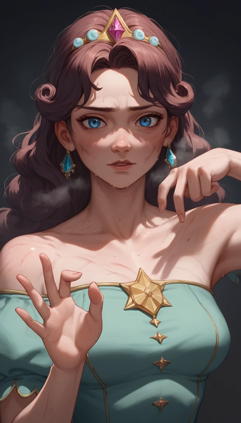 Close up anime woman with anguished expressive blue eyes
