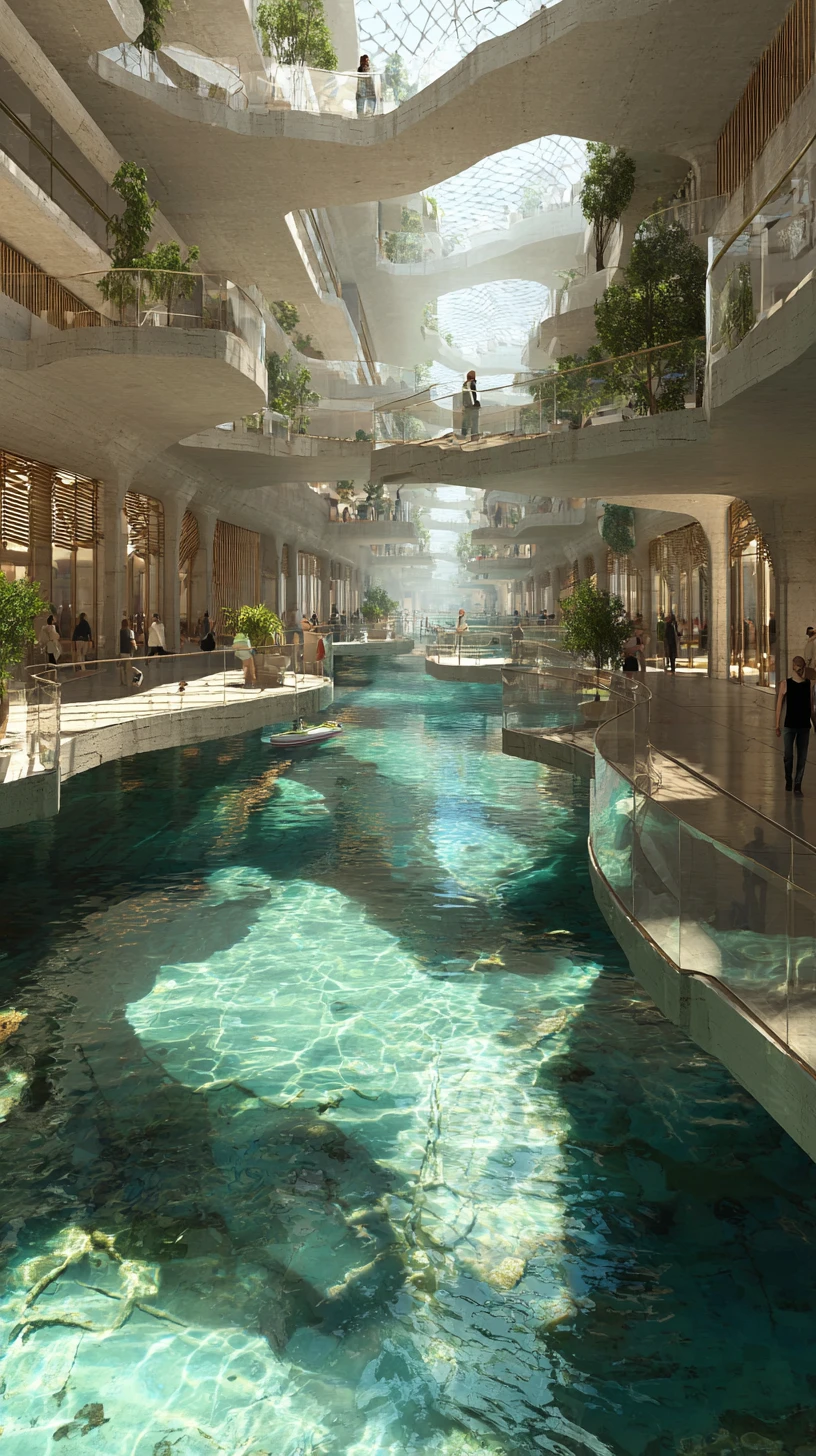 Futuristisches Kulturzentrum an der Uferpromenade mit gläsernen Kanälen