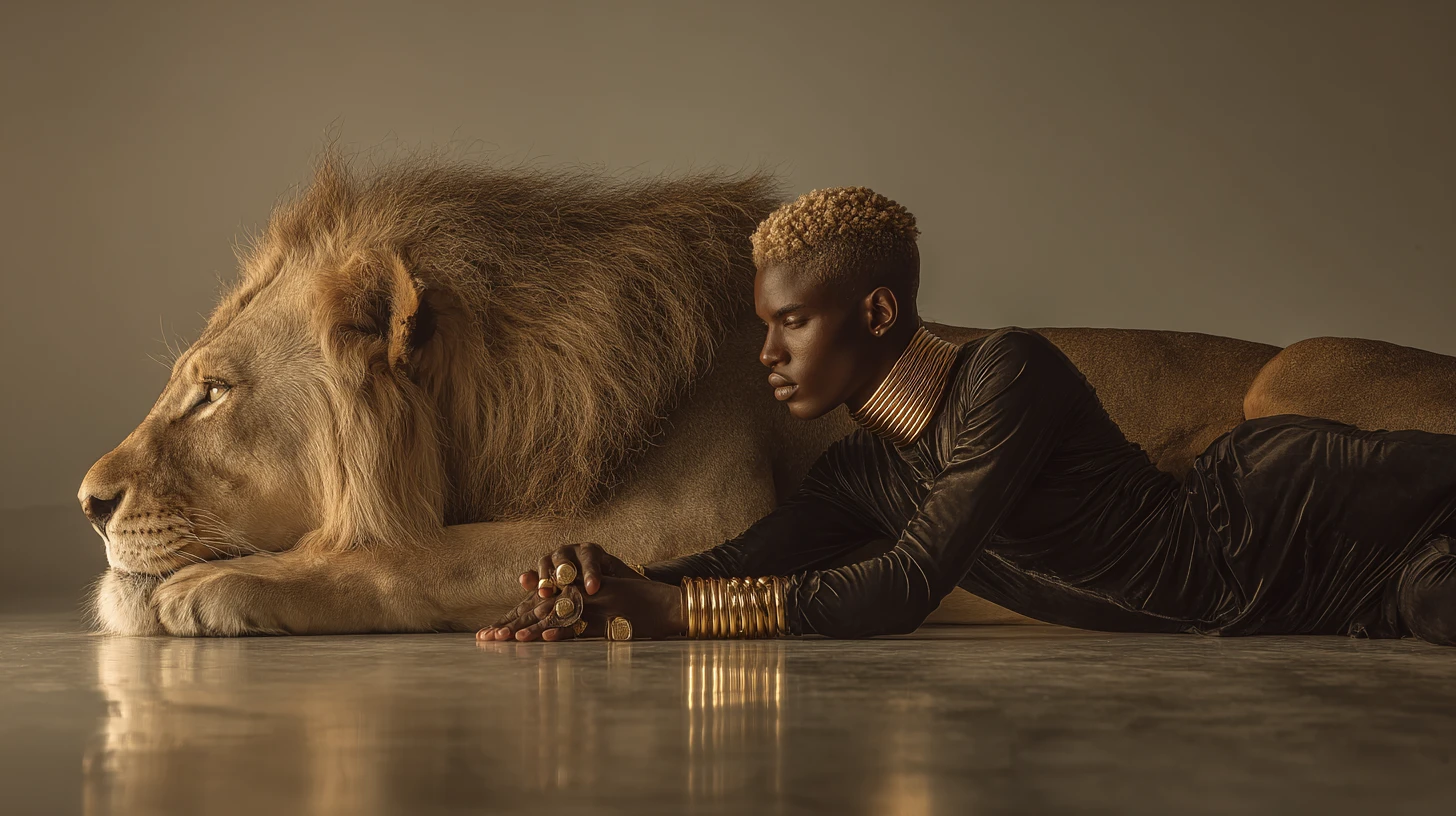 Afrofuturistic man and lion in mirrored fashion pose