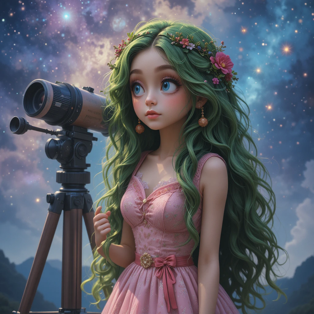Blonde girl in pink dress stargazing through a telescope