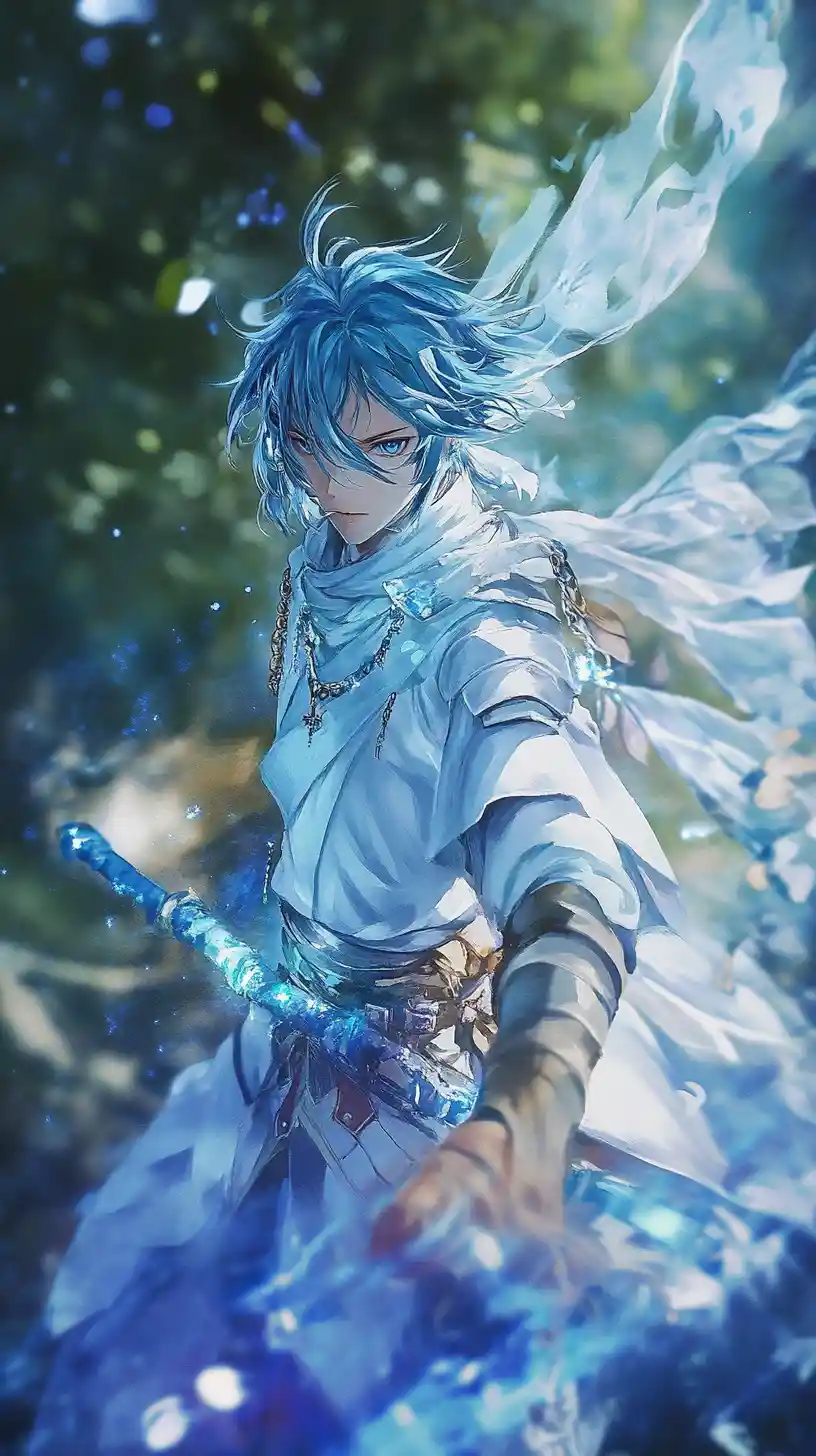 Blue haired anime knight in dynamic close up portrait