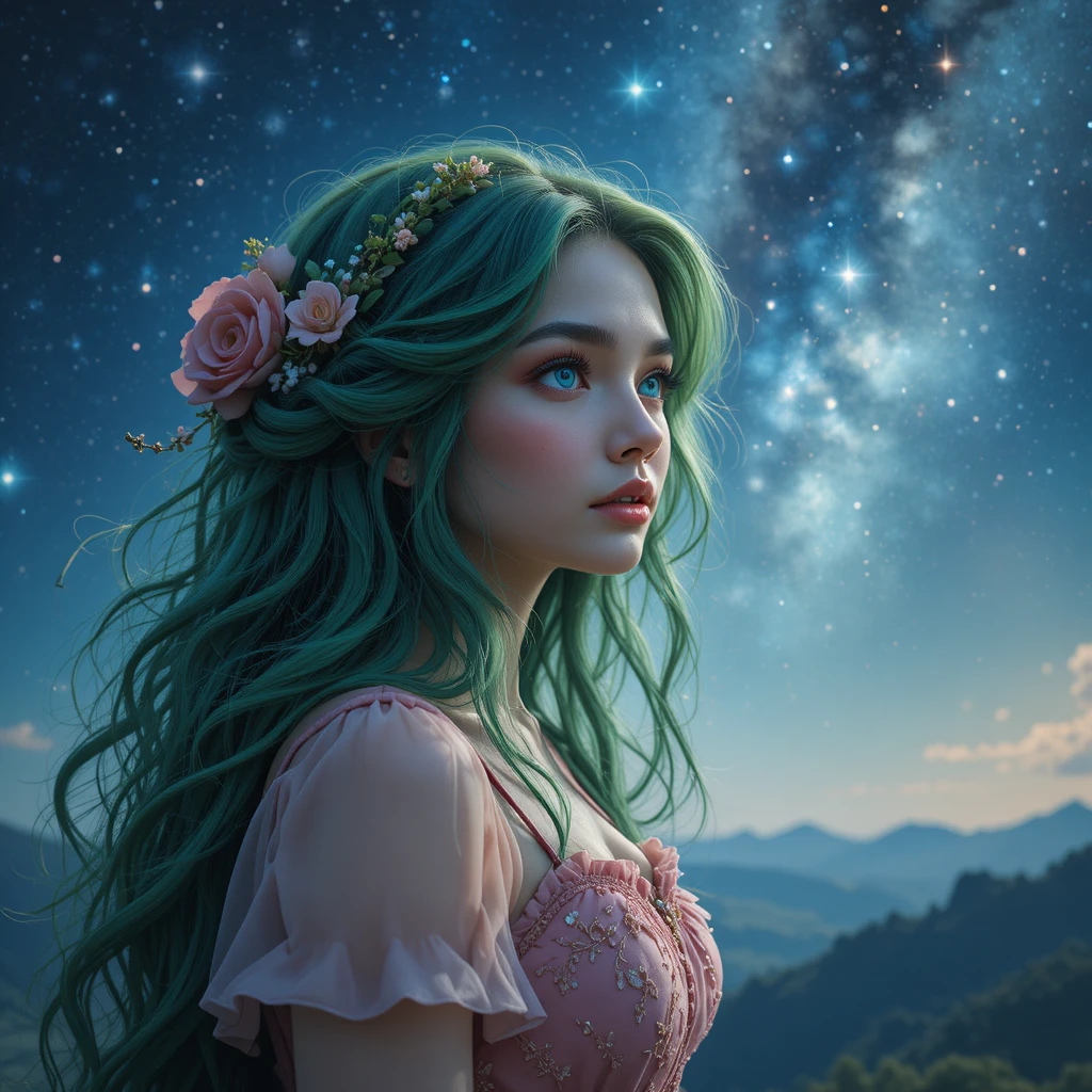 身穿粉紅洋裝仰望星空的金髮女孩
