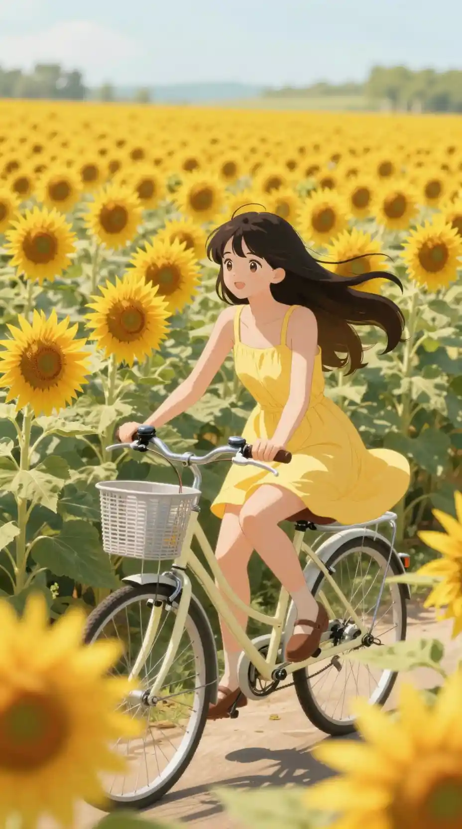 Anime girl cycling through a bright sunflower field