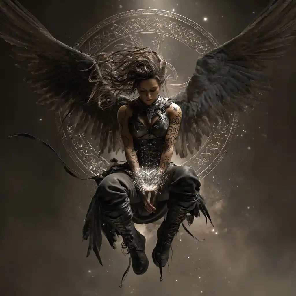 Dark fallen angel woman before a glowing celtic cross