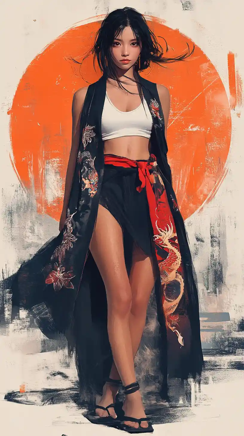 Asian woman in kimono inspired outfit against urban brushstroke city