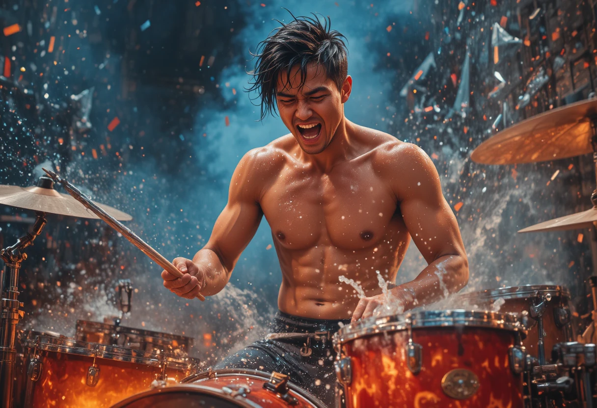 Joven baterista golpeando tambores cubiertos de agua bajo una luz vibrante