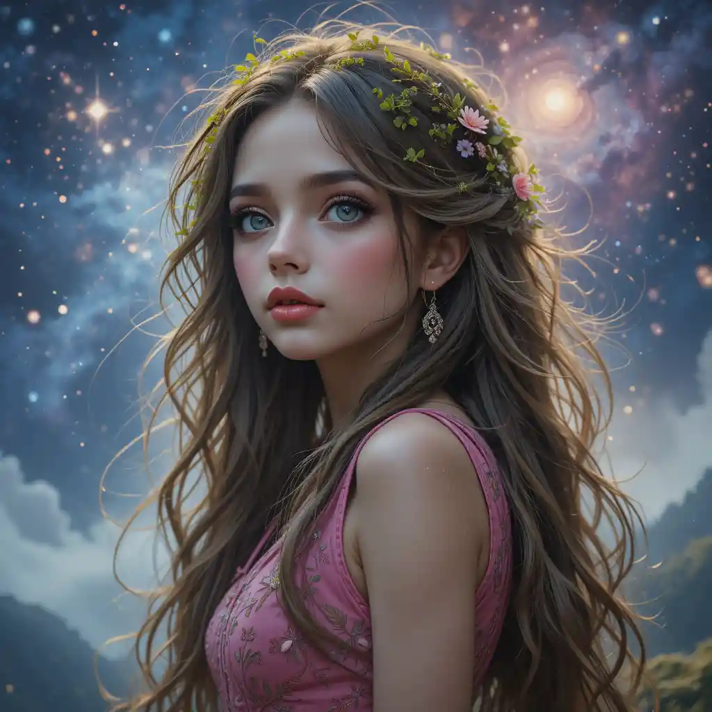 Blonde girl in pink dress gazing at the starry sky