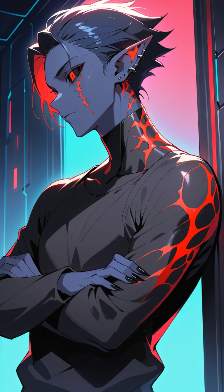 Guilty blue skinned man in neon lit spaceship corridor