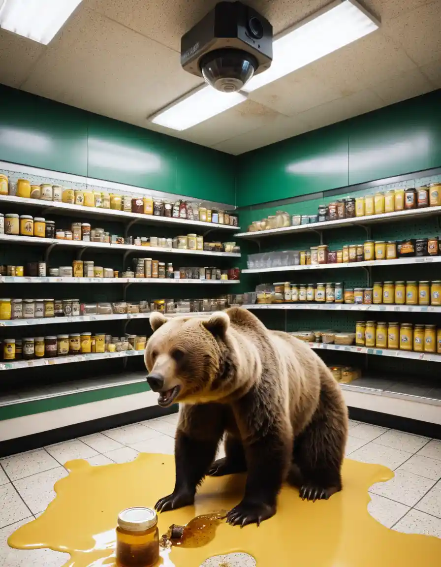 CCTV view of a bear eating honey in a store corner