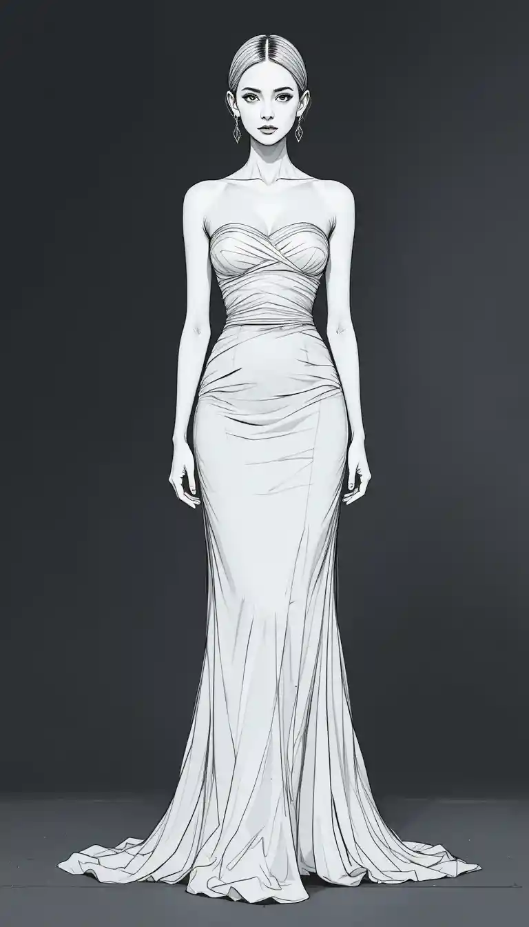 Donna elegante con abito lungo senza spalline – illustrazione di moda