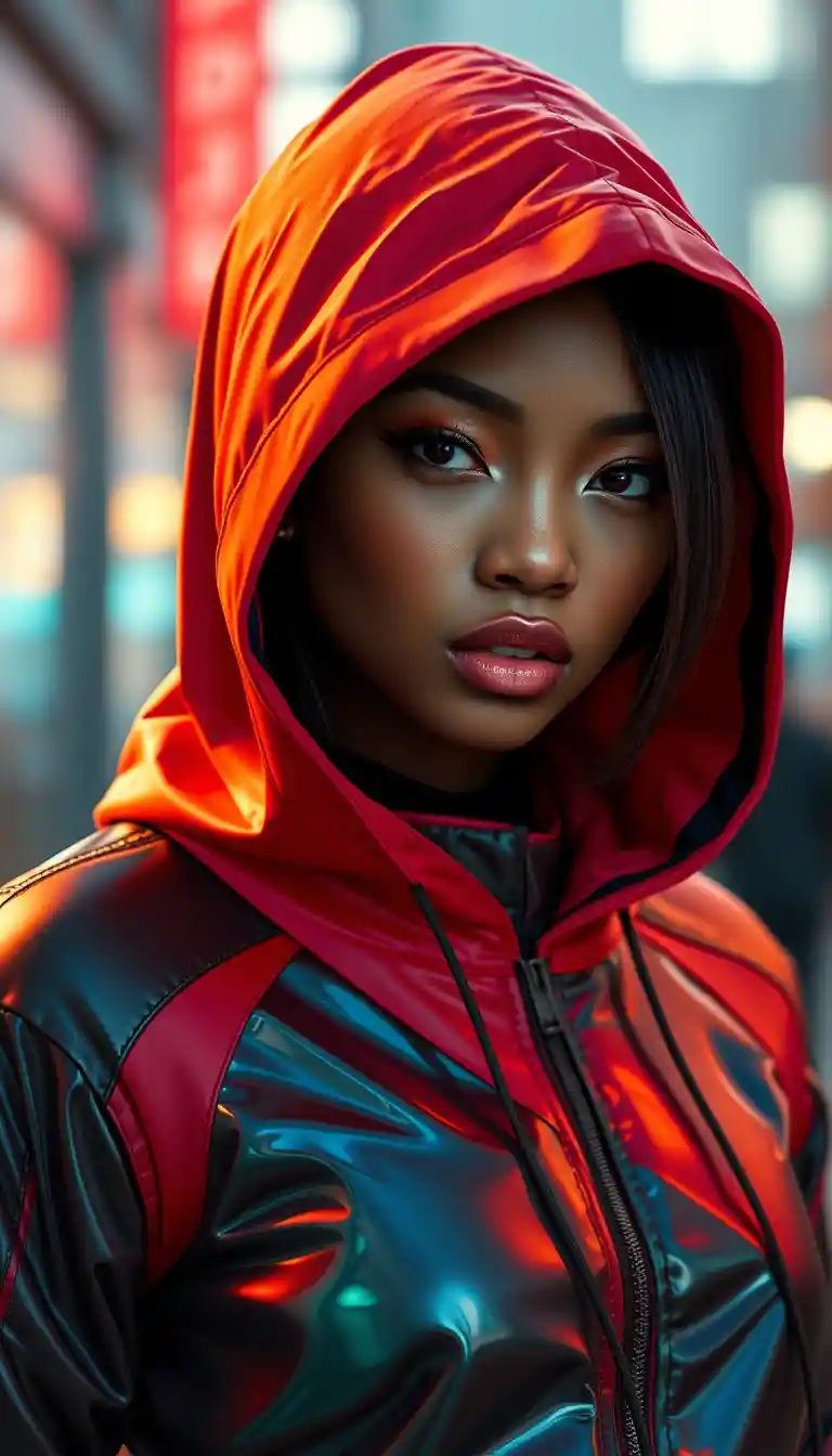 Afrofuturistic woman in red hood with k pop idol flair