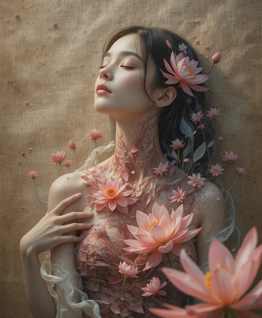 Mulher serena com flores de lótus sobre fundo de tela texturizada