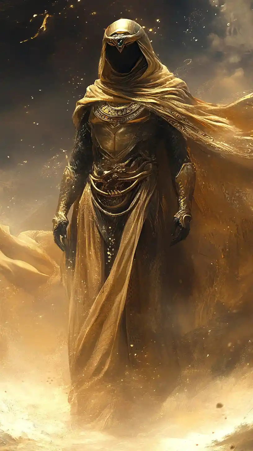 Regal egyptian pharaoh in a swirling desert sandstorm