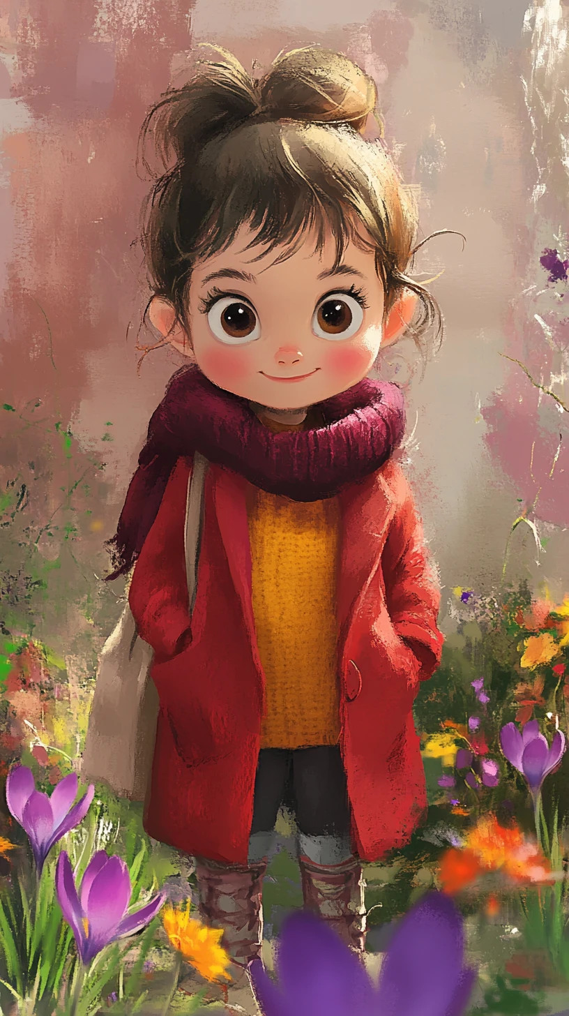 Little girl in red coat in a dreamy flower garden