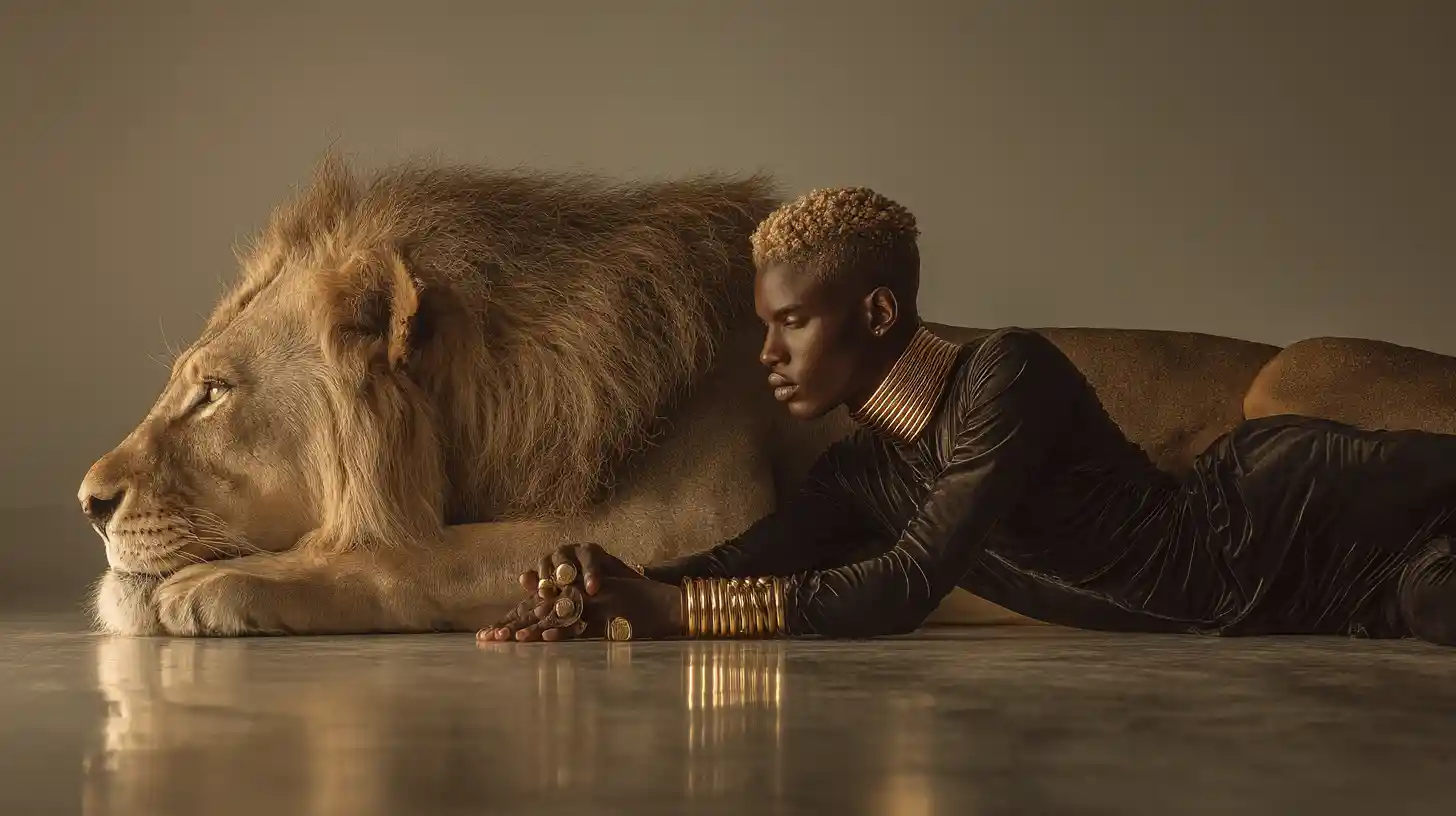 Afrofuturistic man and lion in mirrored fashion pose