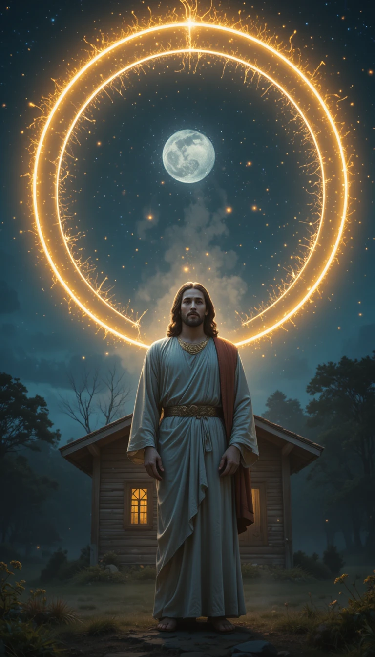 Jesus Christus unter einer leuchtenden Schutzhülle in der Nacht