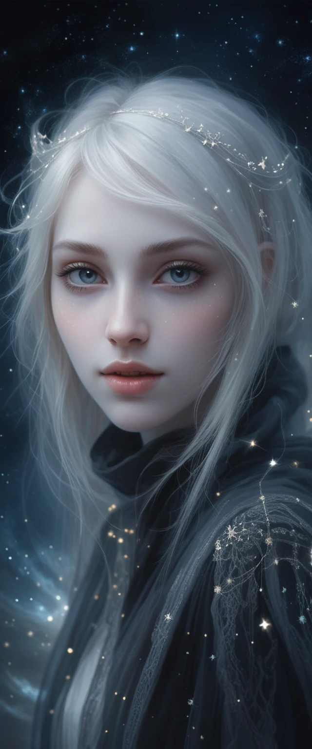Ethereal gothic woman beneath a shining string of stars