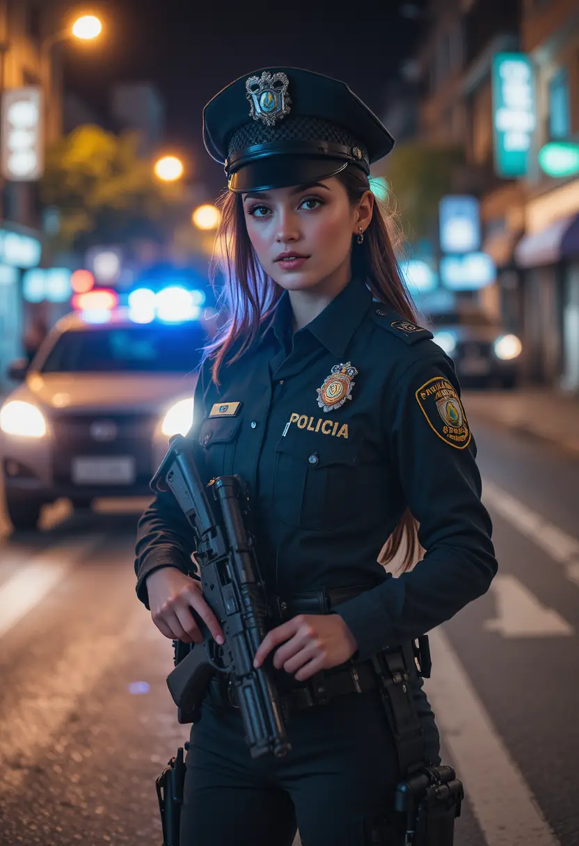 Tall female police officer beside patrol car at night