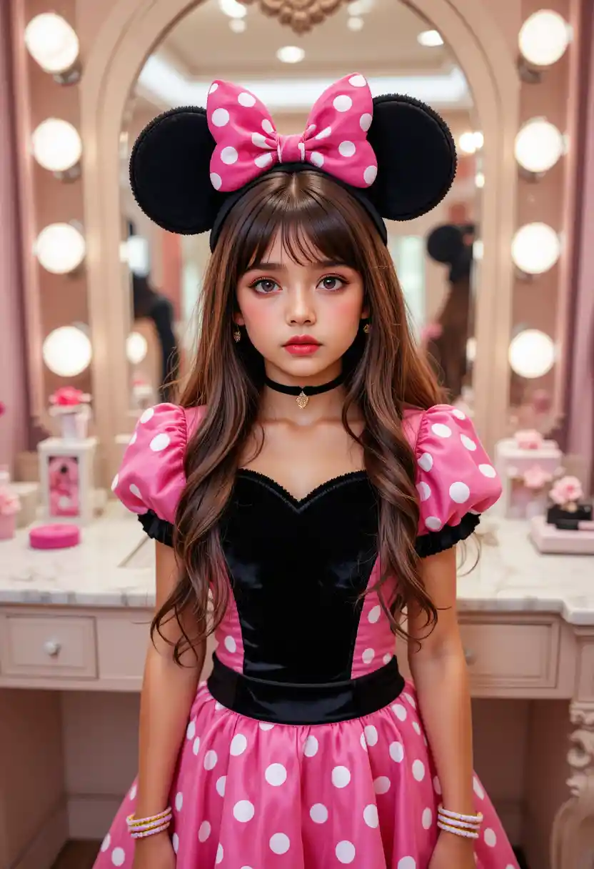Chico preadolescente ansioso con traje de Minnie Mouse en tocador de boutique