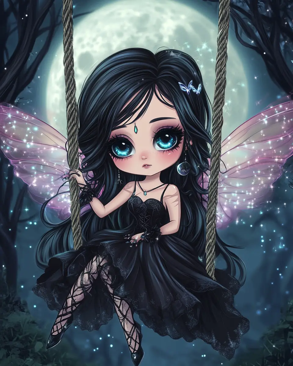 Gothic chibi fairy girl on a moonlit swing