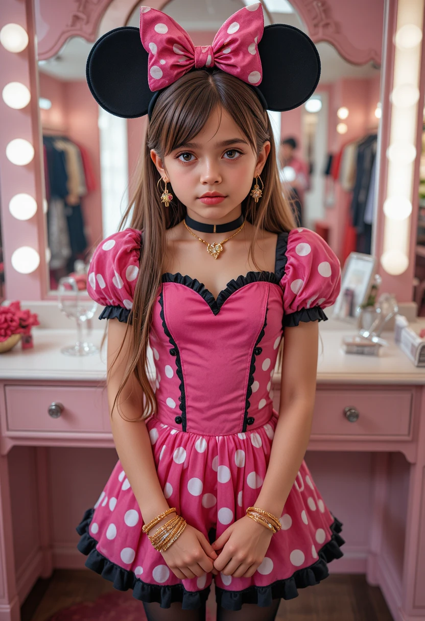 Niño preadolescente ansioso vestido de Minnie Mouse en una boutique