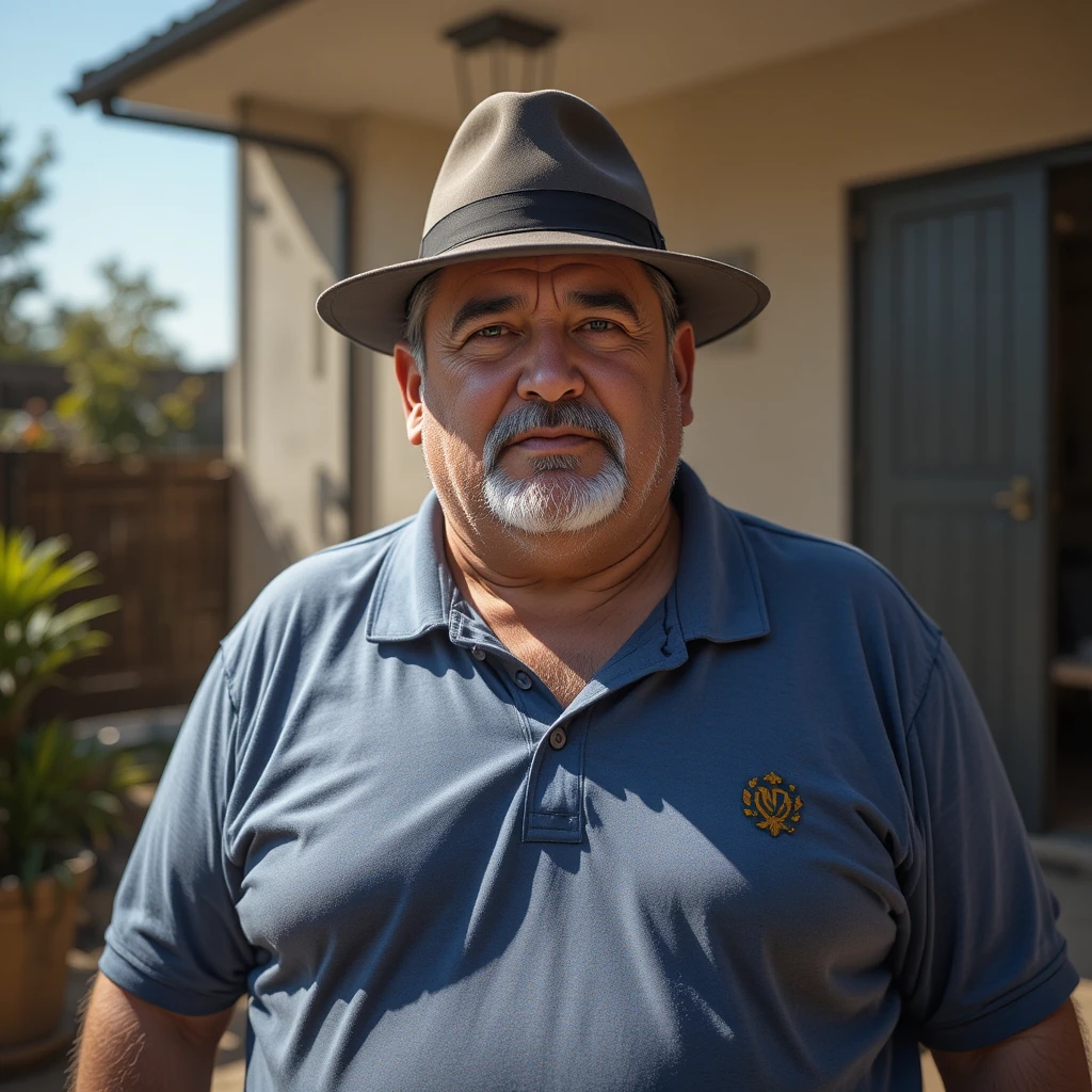 Older overweight man in cap standing in sunny courtyard