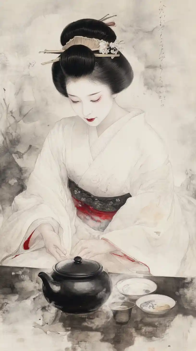 Geisha in white kimono sitting in seiza with teapot
