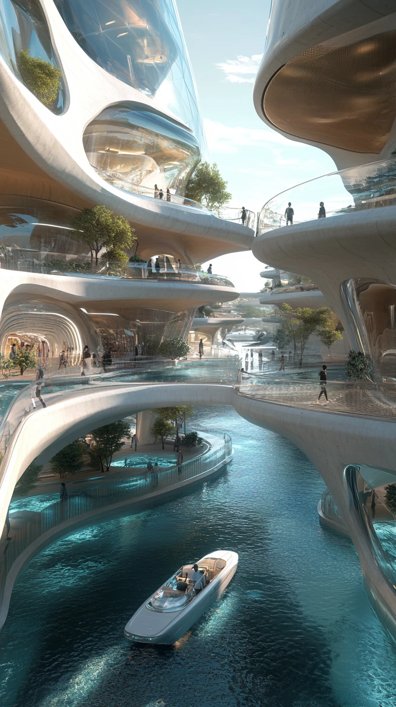 Centro culturale futuristico sul mare con canali e pavimenti in vetro