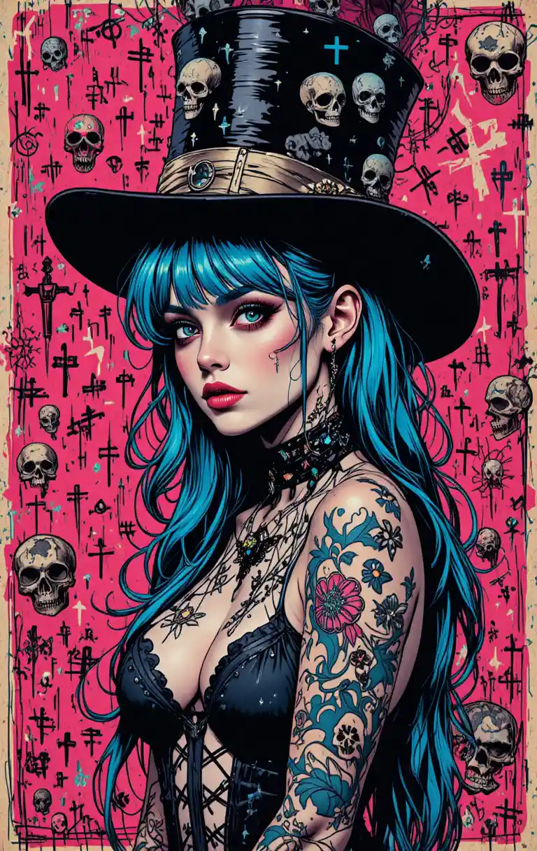 Gothic blue haired woman in skull top hat portrait