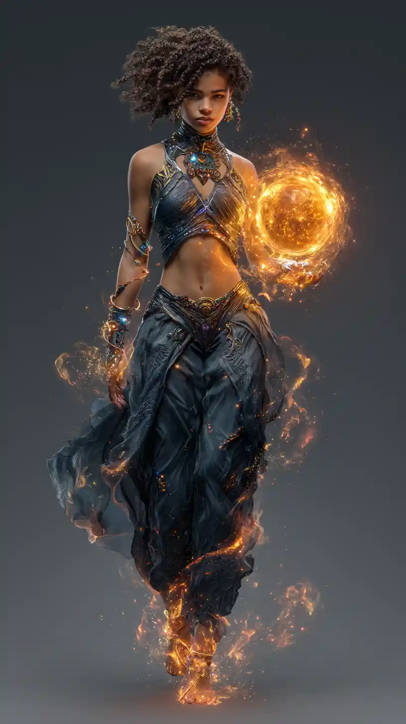 Afrofuturistic sorceress holding a fiery glowing magical orb