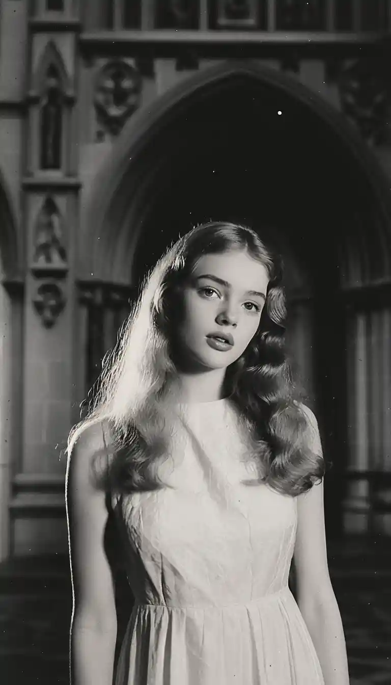 Young woman in white dress in shadowed cathedral