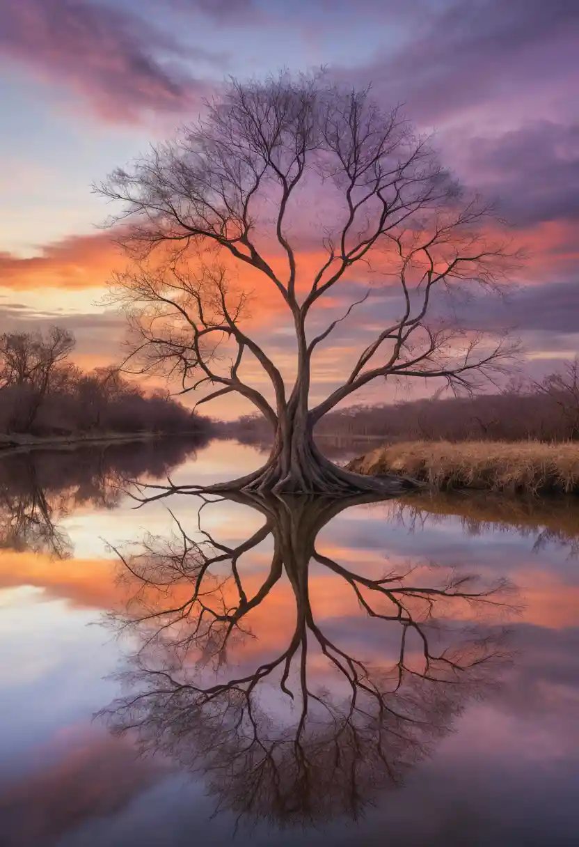 Lonely tree reflected in a calm Orinoco river pond