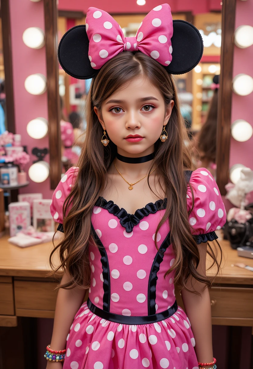 Niño preadolescente ansioso disfrazado de Minnie Mouse en boutique