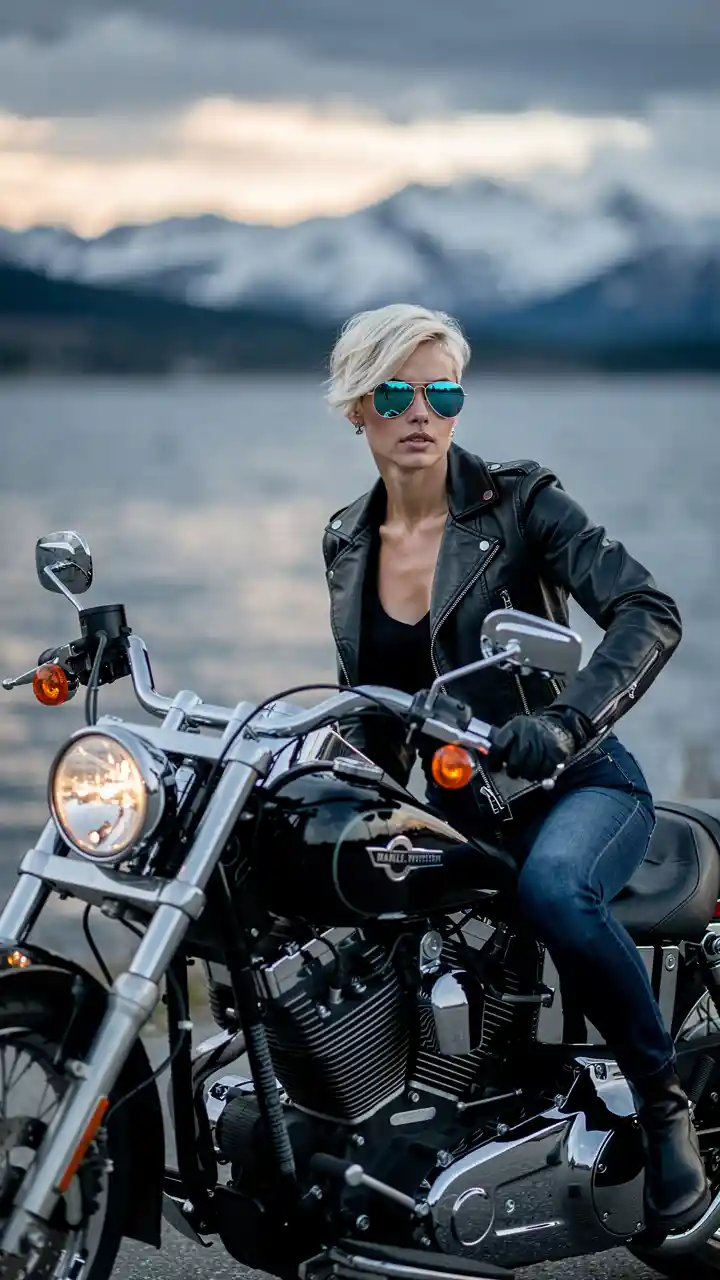 Confident woman with motorcycle by a mountain lake