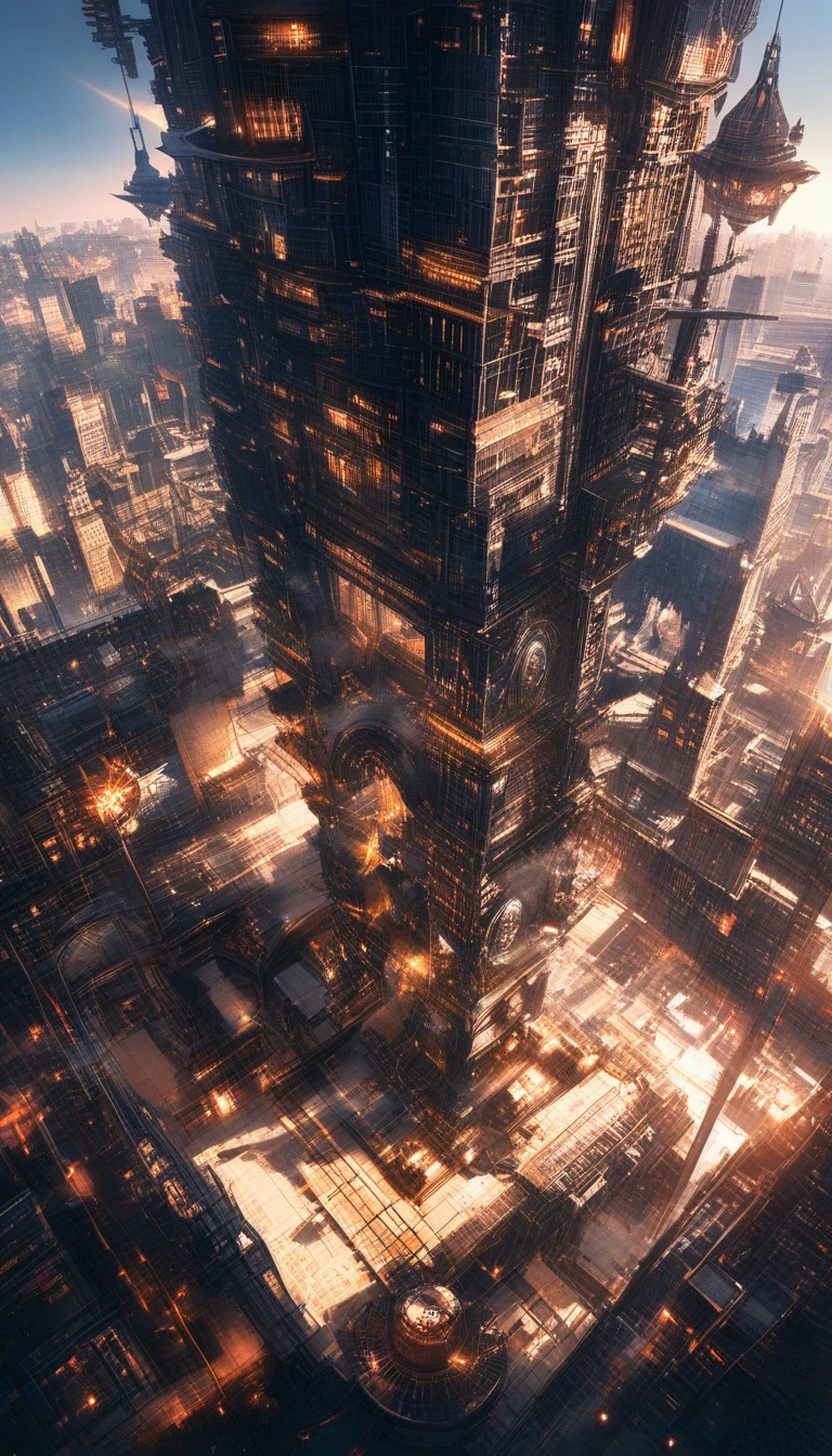 Steampunk airship overlooking a glowing brass metropolis