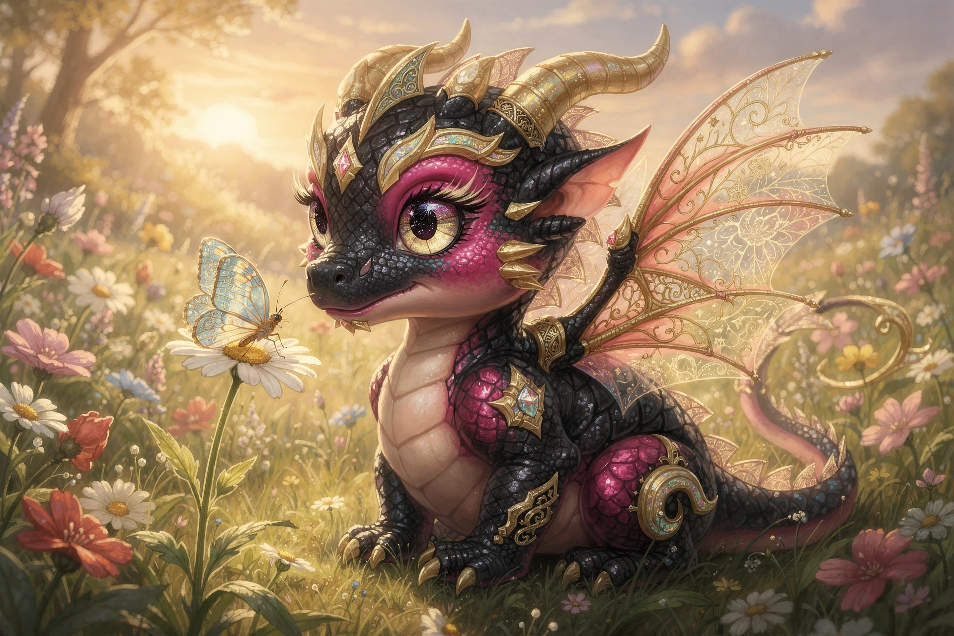 Baby dragon watching a butterfly in a summer meadow
