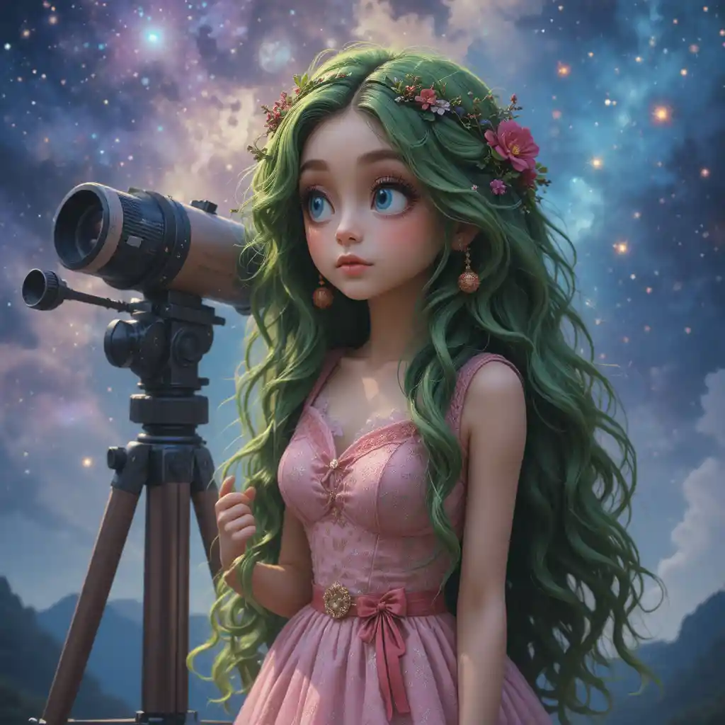 Blonde girl in pink dress stargazing through a telescope