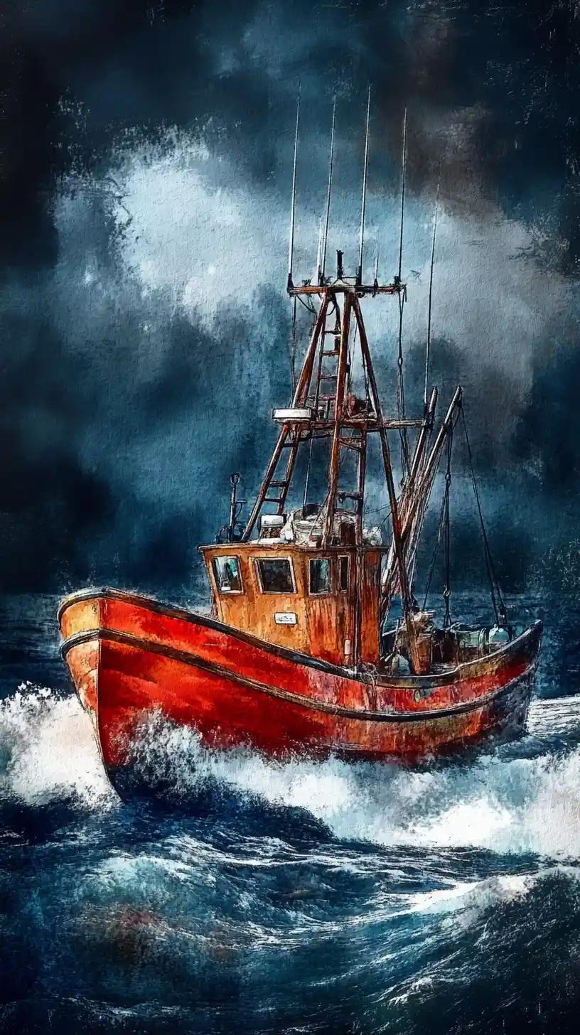 Colorful hand drawn fishing boat in a raging ocean storm