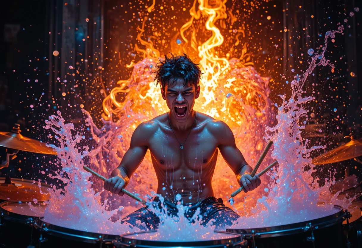 Emotional young drummer smashing water soaked drums in color