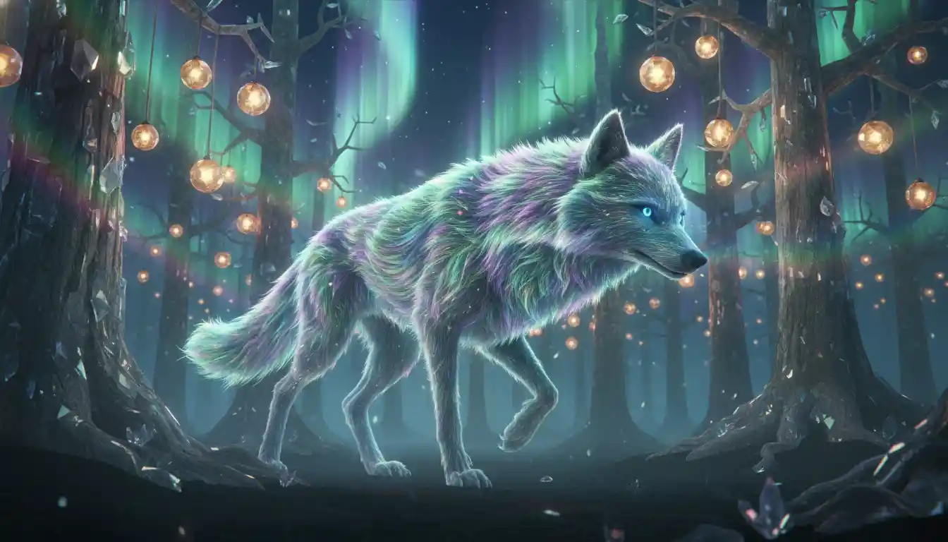 Spektralwolf, der durch einen umgekehrten Kristallwald wandert