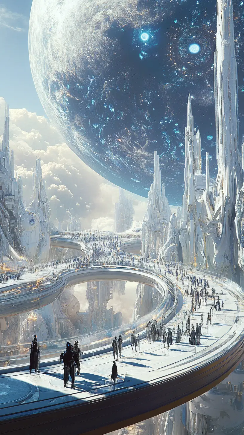 Futuristic bridge overlooking a vast sci fi cityscape