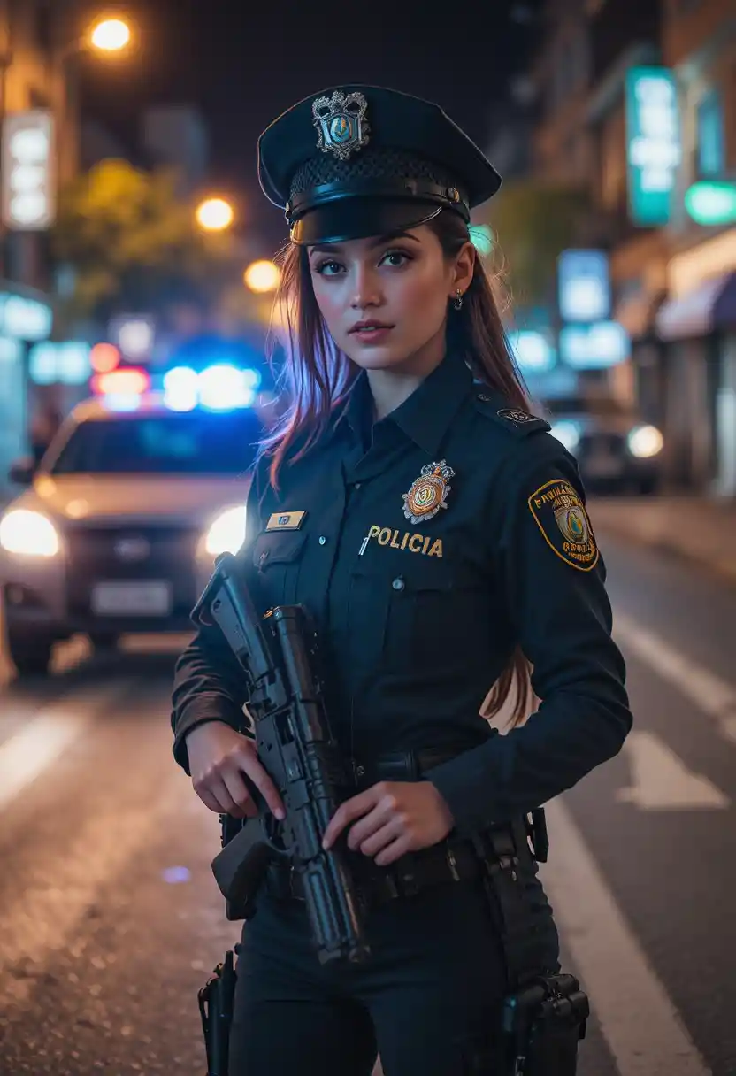 Tall female police officer beside patrol car at night