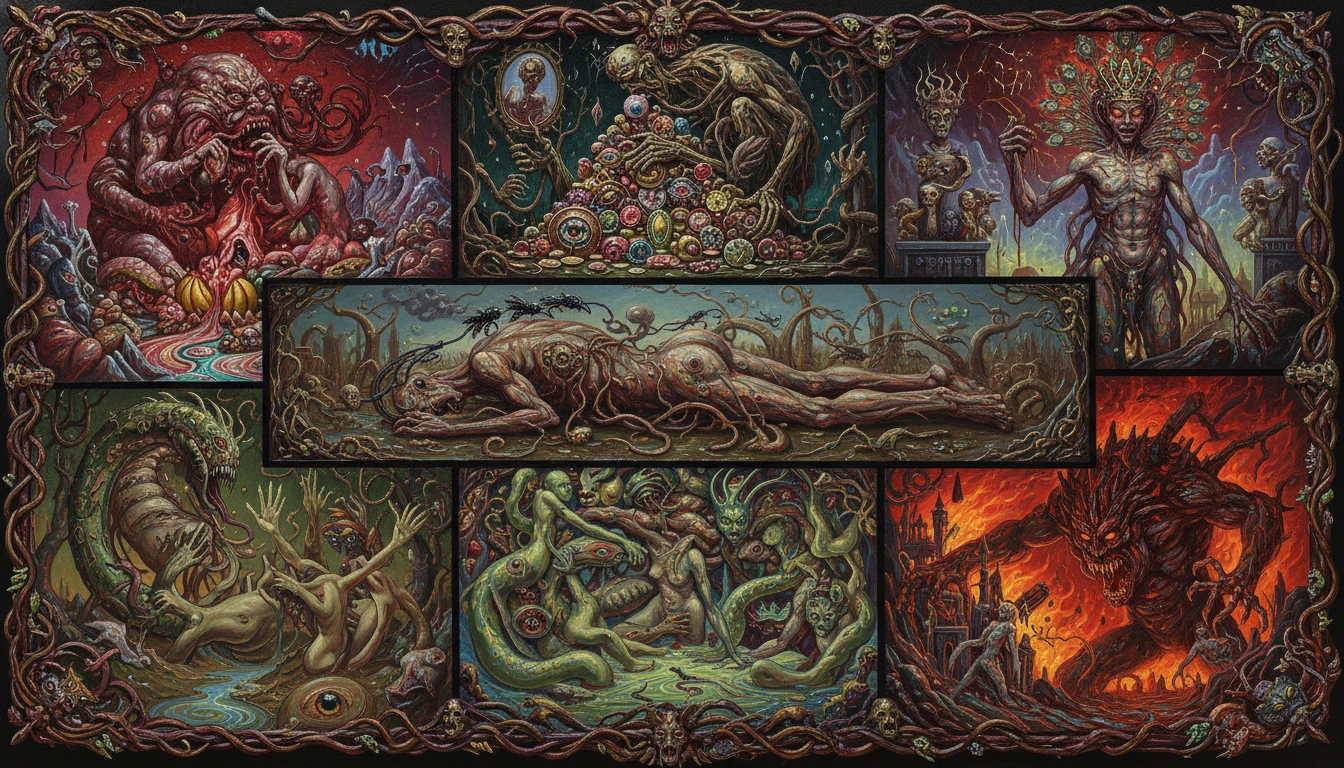 Surreales Höllenbild der grotesken sieben Todsünden