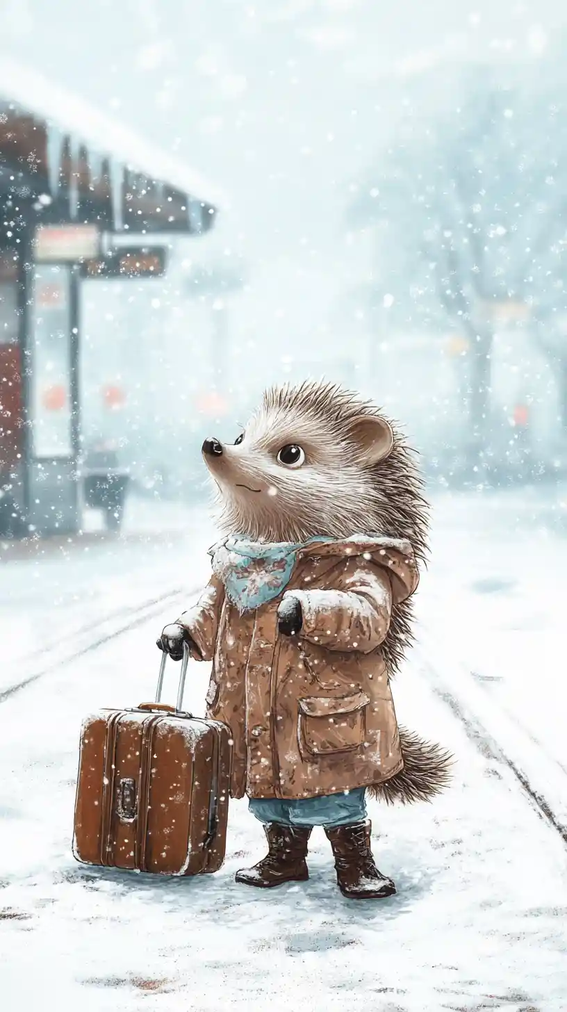 Lonely hedgehog in coat at snowy train station platform