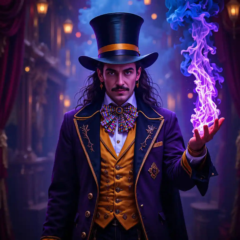 Mago Sosteniendo Fuego Morado y Azul en el Circo