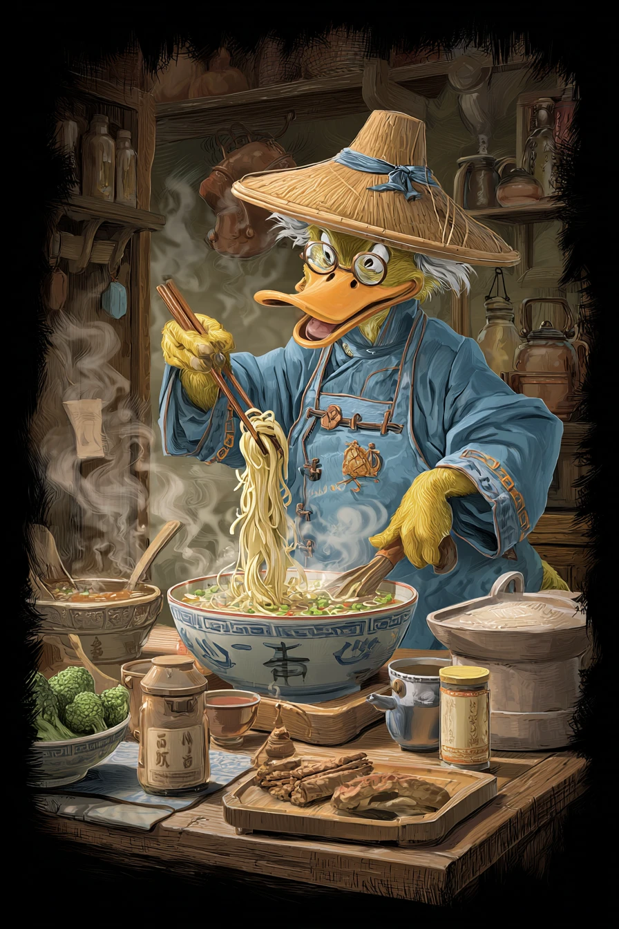 Ganso antropomórfico cocinando sopa de fideos en cocina china