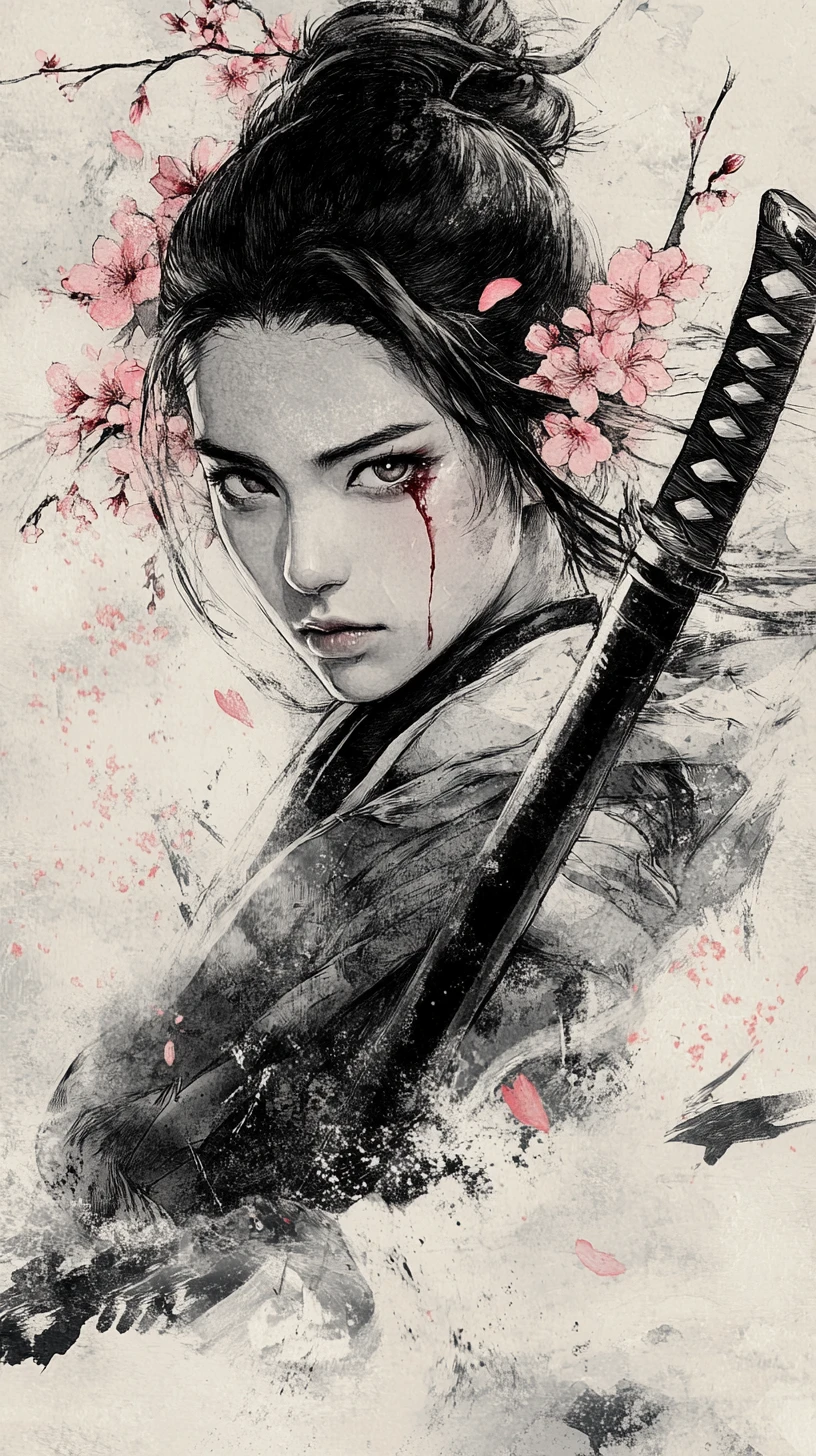 Stoic female samurai with katana in monochrome ink