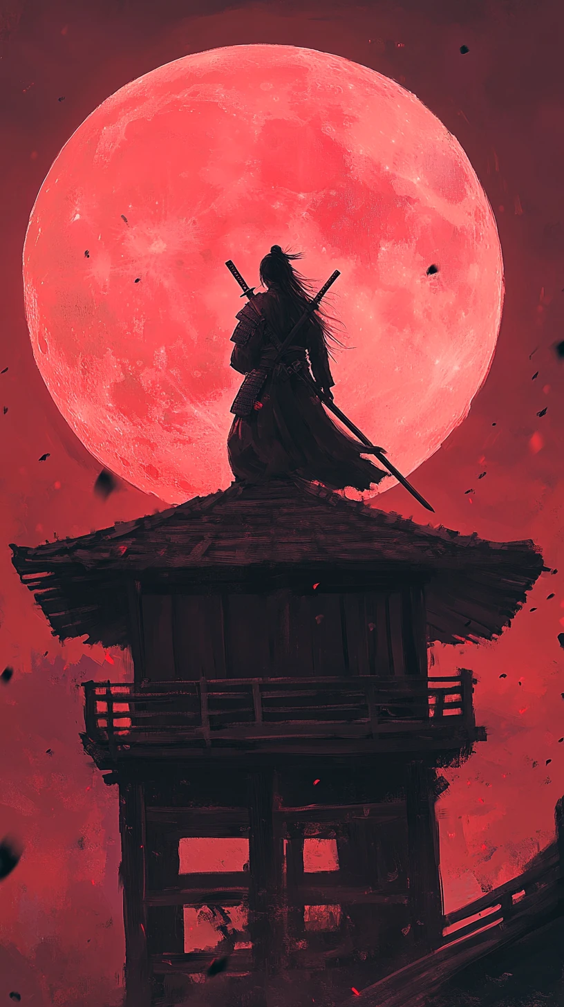 赤い月の下で村を見守る女侍