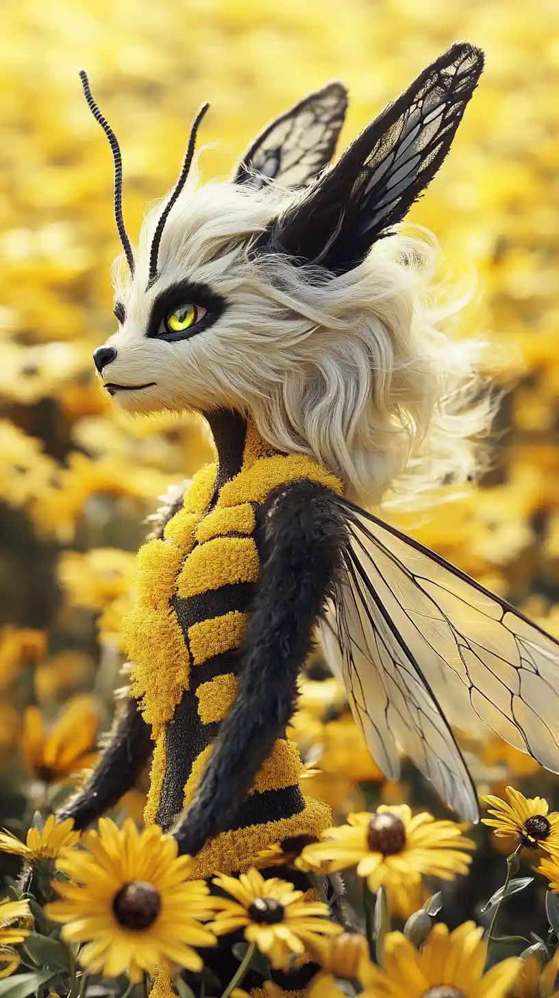 Whimsical bee humanoid in a bright yellow flower field