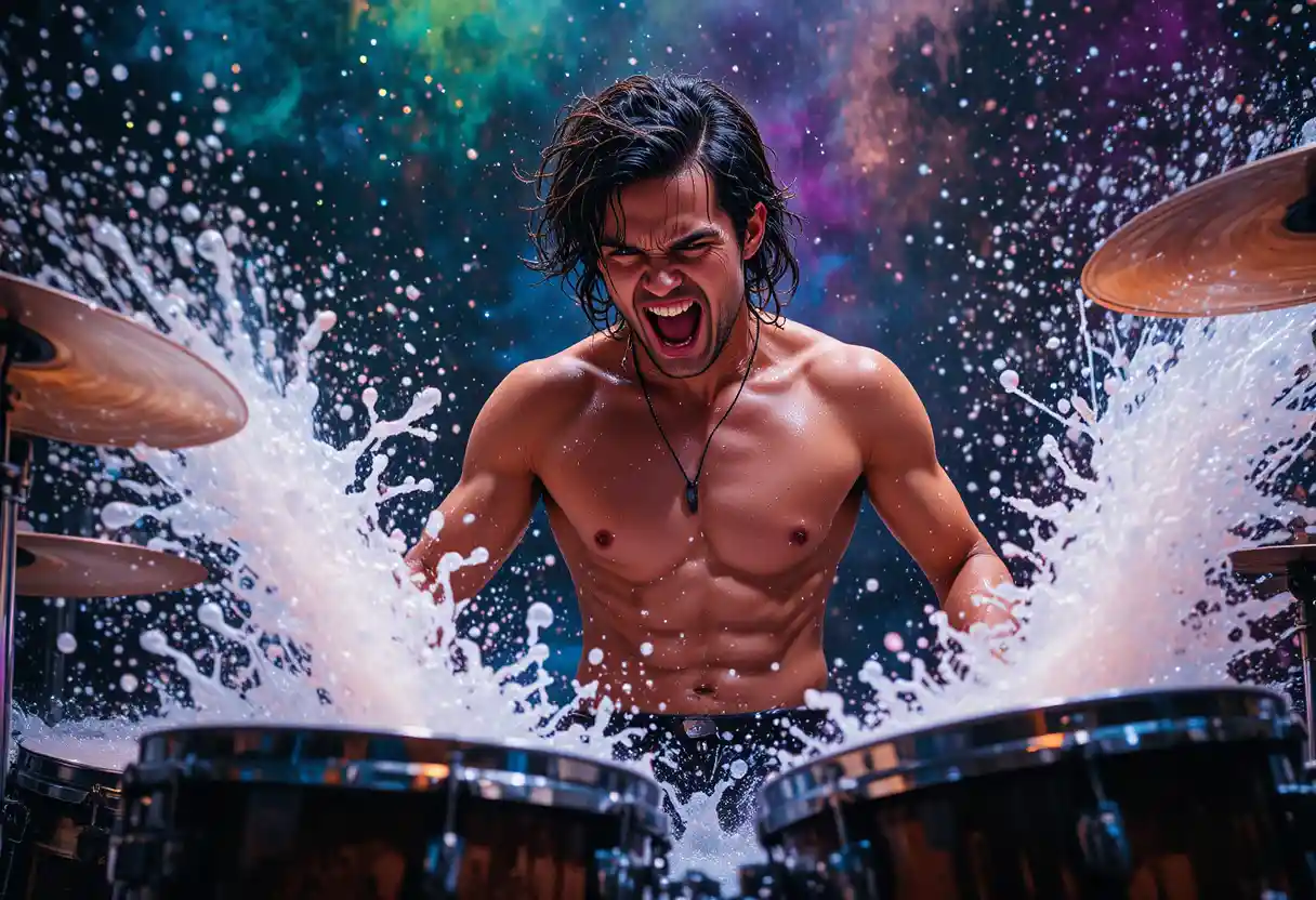 Emotional drummer smashing water covered drums in motion